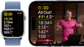 Metrik olahraga ditampilkan di Apple Watch dan olahraga Apple Fitness+ di iPhone