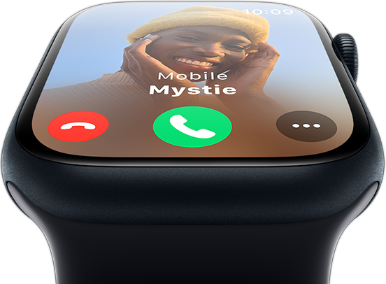 Tampak depan Apple Watch dengan layar panggilan telepon masuk.