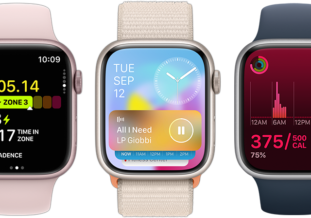 Tampak depan lima perangkat Apple Watch yang menunjukkan banyaknya informasi di setiap perangkat berkat pembaruan Watch OS 10.