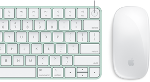 Tampilan close-up atas Magic Keyboard dengan Touch ID, di samping Magic Mouse.