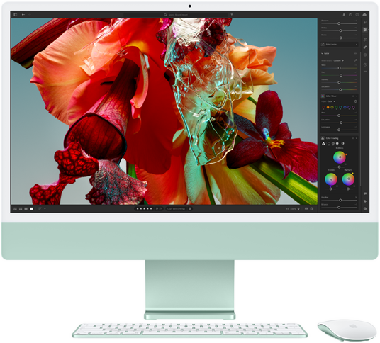 Layar iMac menampilkan bunga berwarna-warni yang terlihat di Adobe Lightroom untuk memperlihatkan color range dan resolusi layar Retina 4.5K.