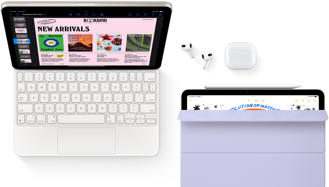 iPad Air terpasang di Magic Keyboard, dengan aksesori Airpods Pro, Apple Pencil Pro, dan Smart Folio