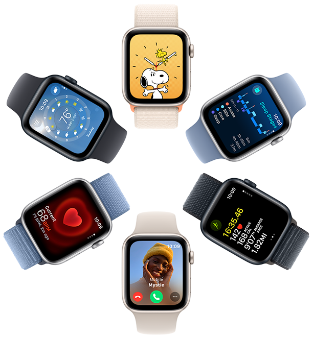 Tampilan atas enam layar Apple Watch SE yang menampilkan wallpaper Snoopy, informasi aplikasi Tidur, metrik aplikasi Olahraga, panggilan masuk, detak jantung, dan aplikasi Cuaca.