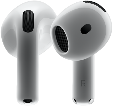 Perangkat keras AirPods 4, memperlihatkan tampilan depan dan belakang yang menampilkan desain baru