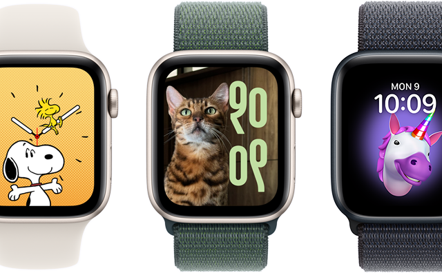 Opsi wajah jam, termasuk Memoji, Foto, Potret, dan Snoopy, di enam perangkat Apple Watch