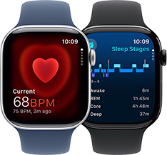 Aplikasi Detak Jantung yang menunjukkan pembacaan saat ini sebesar 68 BPM dan layar notifikasi apnea tidur pada dua perangkat Apple Watch Series 10