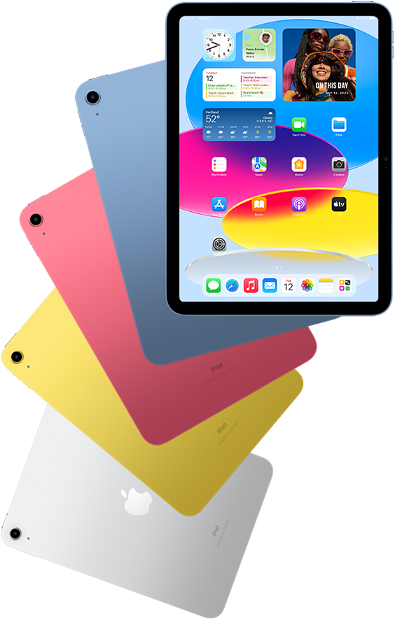 iPad di depan menampilkan layar home dengan iPad berwarna biru, pink, kuning, dan perak di belakangnya memperlihatkan bagian belakang.