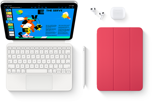 iPad, Magic Keyboard Folio, Apple Pencil, AirPods, dan Smart Folio ditampilkan.