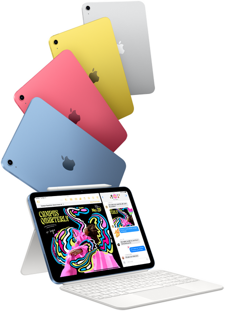 iPad dalam warna biru, pink, kuning, dan perak dan satu iPad terpasang di Magic Keyboard Folio.