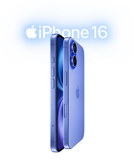 Dua perangkat iPhone 16, eksterior samping, bertumpuk saling berhadapan dalam warna Biru Laut Ultra, tombol volume, tombol Tindakan, tombol Samping, tombol Kontrol Kamera, logo Apple di tengah, Sistem kamera ganda canggih yang menonjol