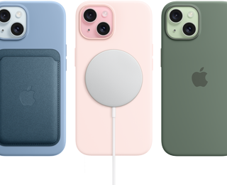 iPhone 15 yang menampilkan Casing Silikon iPhone 15 dengan MagSafe, Dompet FineWoven dengan MagSafe, Pengisi Daya Magsafe, Baterai Eksternal MagSafe.